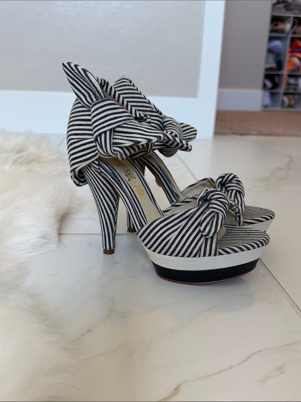 L.A.M.B. Navy and White Striped Knot Platform Heels